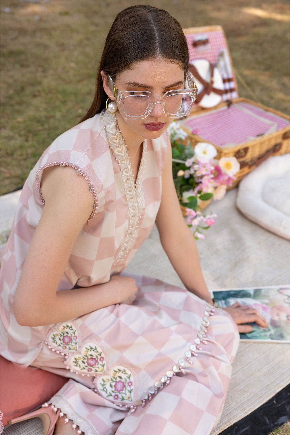 Blush Check Embellished 3-Piece Suit