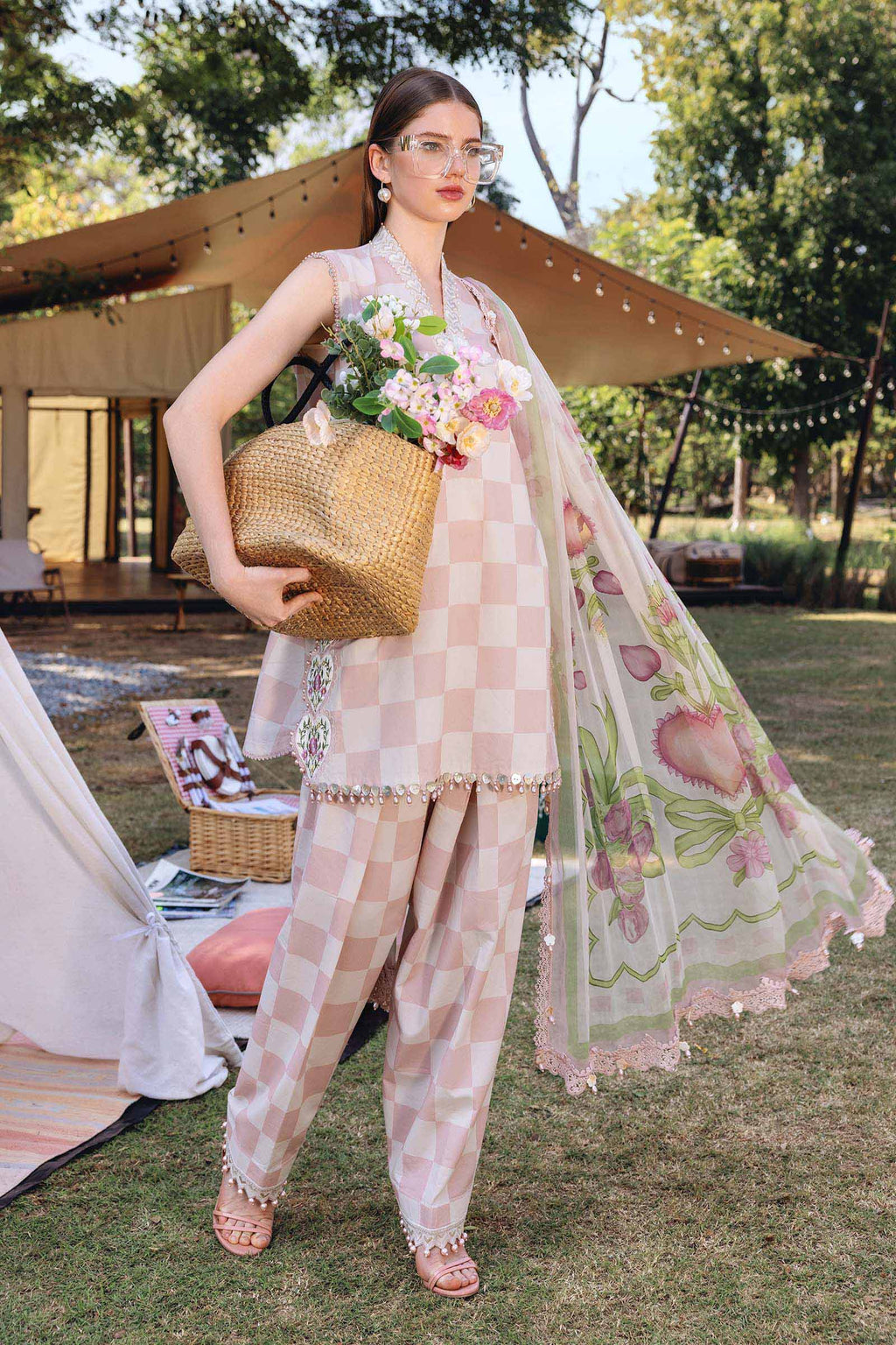Blush Check Embellished 3-Piece Suit