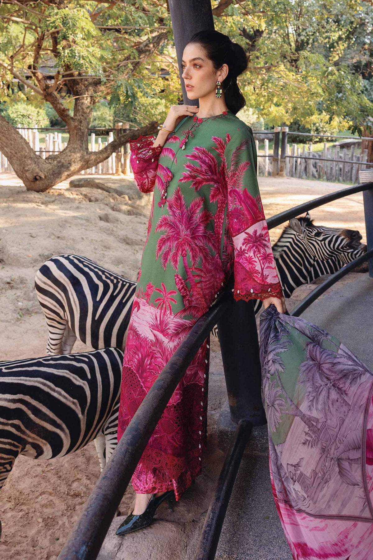 Olive Palm Print 3-Piece Suit