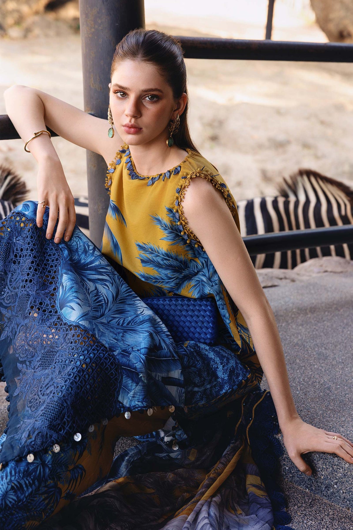 Mustard Palm Print 3-Piece Suit