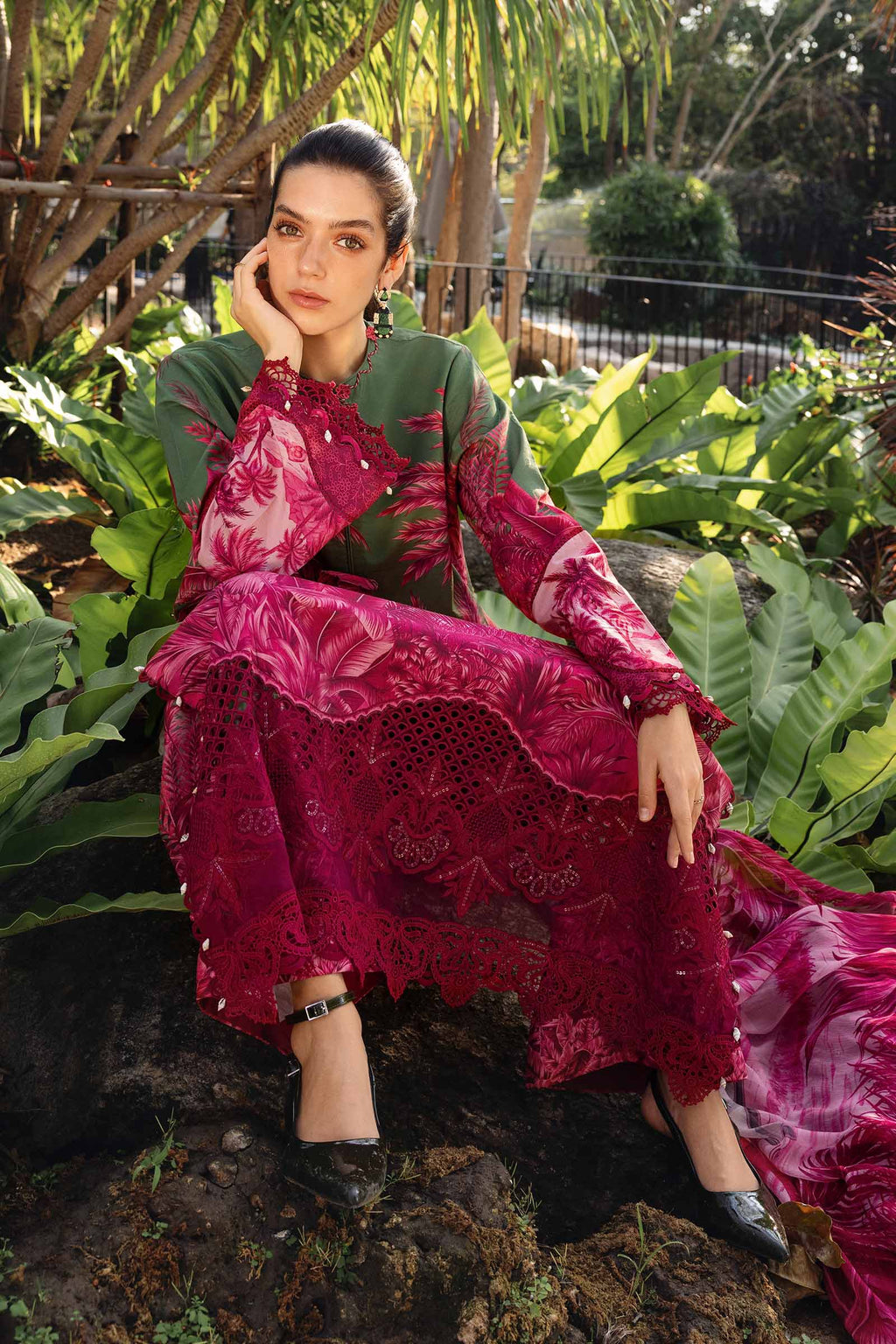 Olive Palm Print 3-Piece Suit